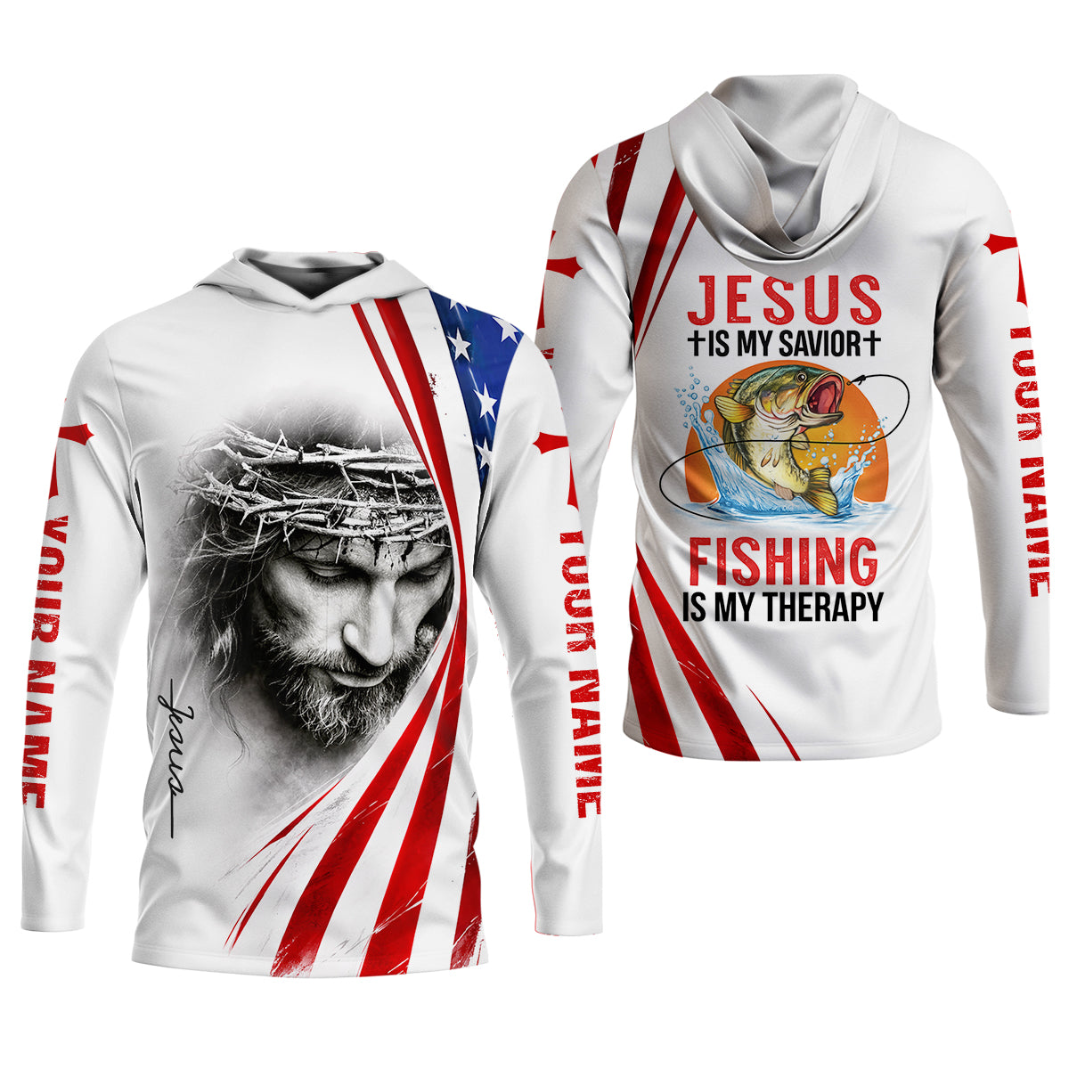 Jesus Is My Savior Fishing Is My Therapy Shirt, Personalized Christian Fishing Long Sleeve For Men