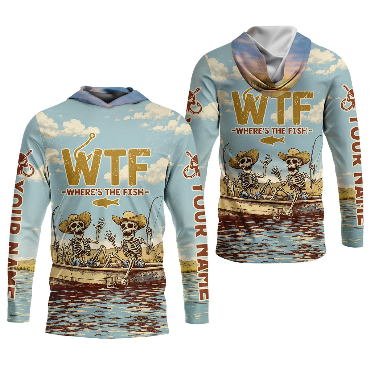 Personalized WTF Where’s The Fish Fishing Shirt, Funny Skeleton Fishermen Boat, Custom Name