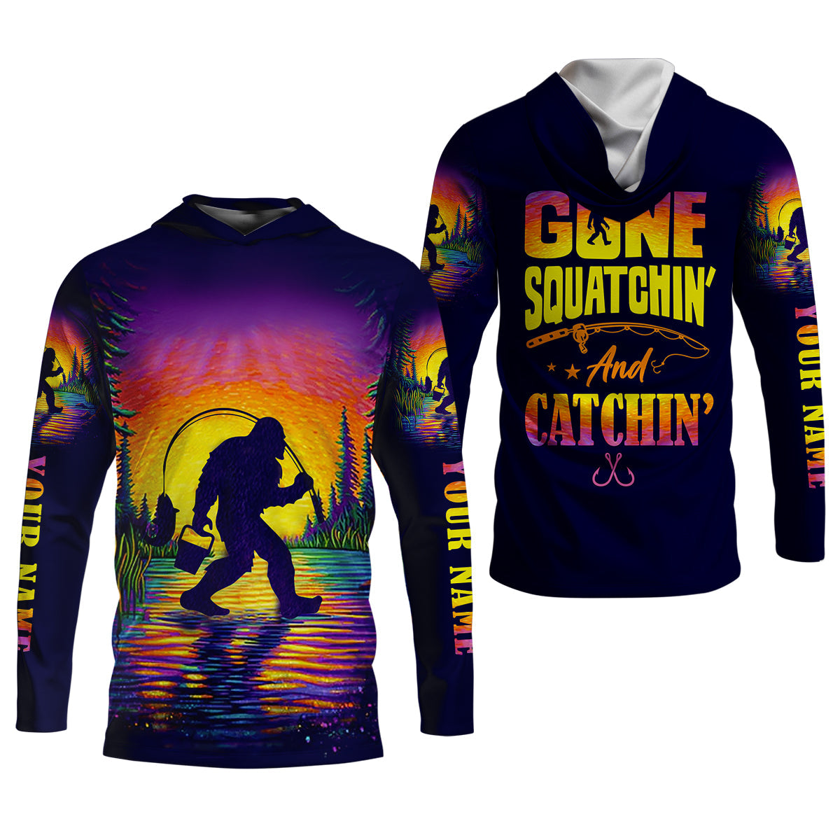 Gone Squatchin And Catching Sunset Fishing UPF Shirts, Funny Fishing Shirt, Sasquatch Fishing Shirt For Women