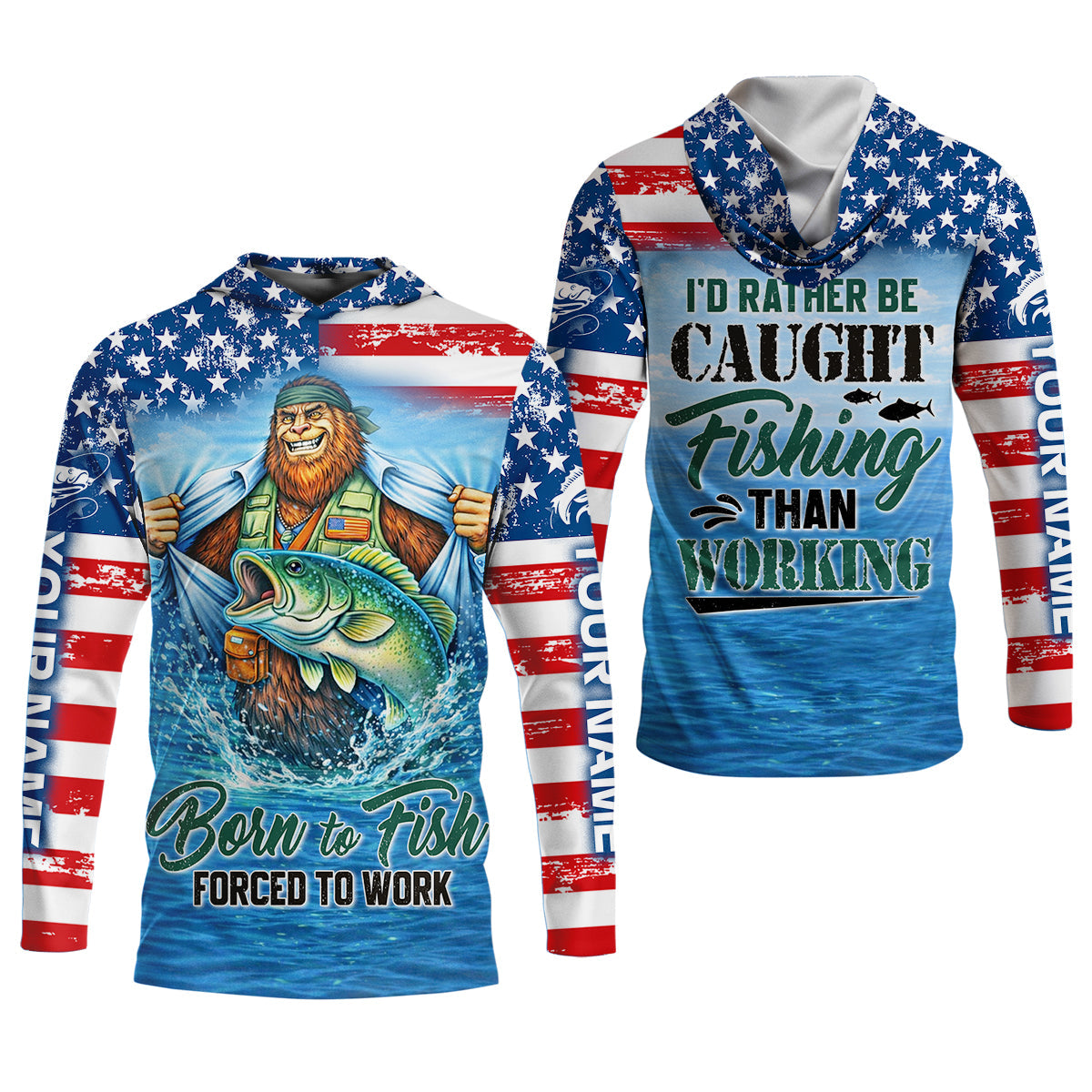 Born to Fish Forced to Work Bigfoot Fishing UPF Shirt – American Flag Fishing Shirt