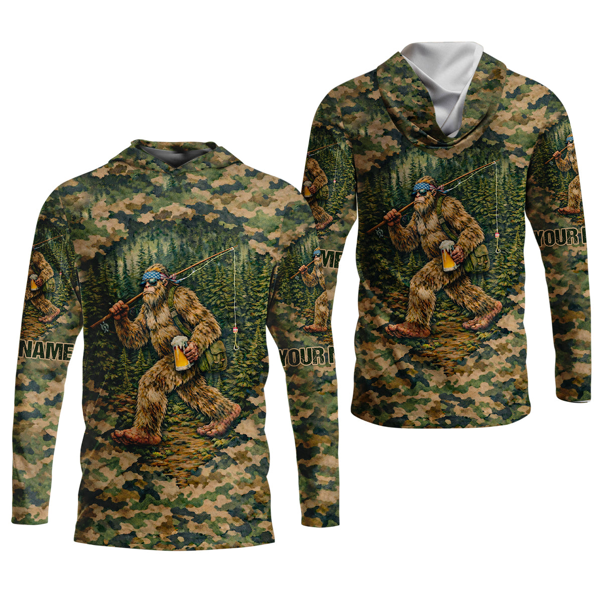 Bigfoot Fishing And Beer Earth Green Camo Fishing Shirt, Fishing UPF Shirts, Fishing Shirts For Men