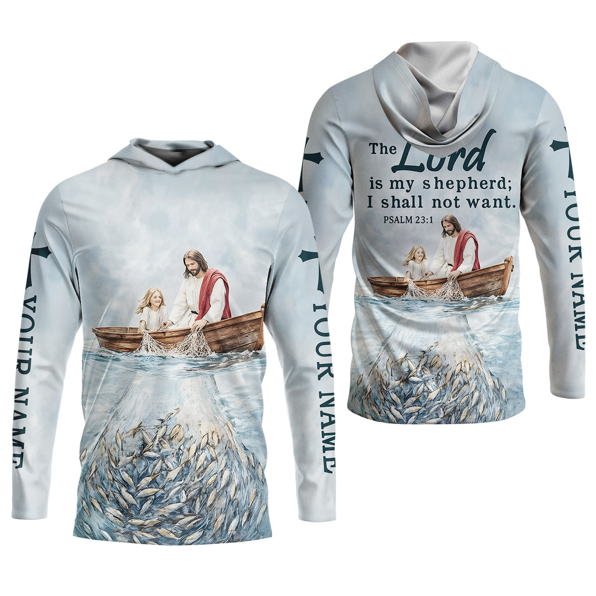 Jesus Catching Fish Bible Verse, Personalized Long Sleeve Shirt, Psalm 23 The Lord Is My Shepherd, Religious Gift for Men