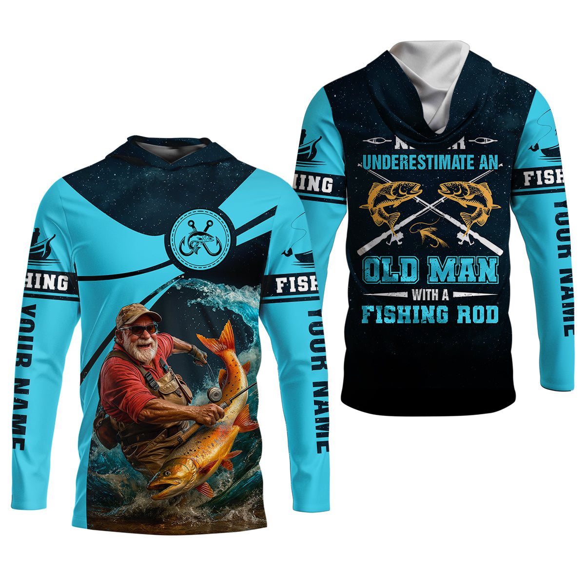 Never Underestimate An Old Man With A Fishing Rod Custom Name UPF Shirts, Women Fishing Shirt