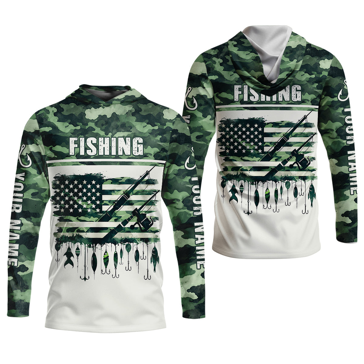 Fishing Green Camo US Flag Pattern Fishing UPF Shirts, 250 Years Women Fishing Shirt