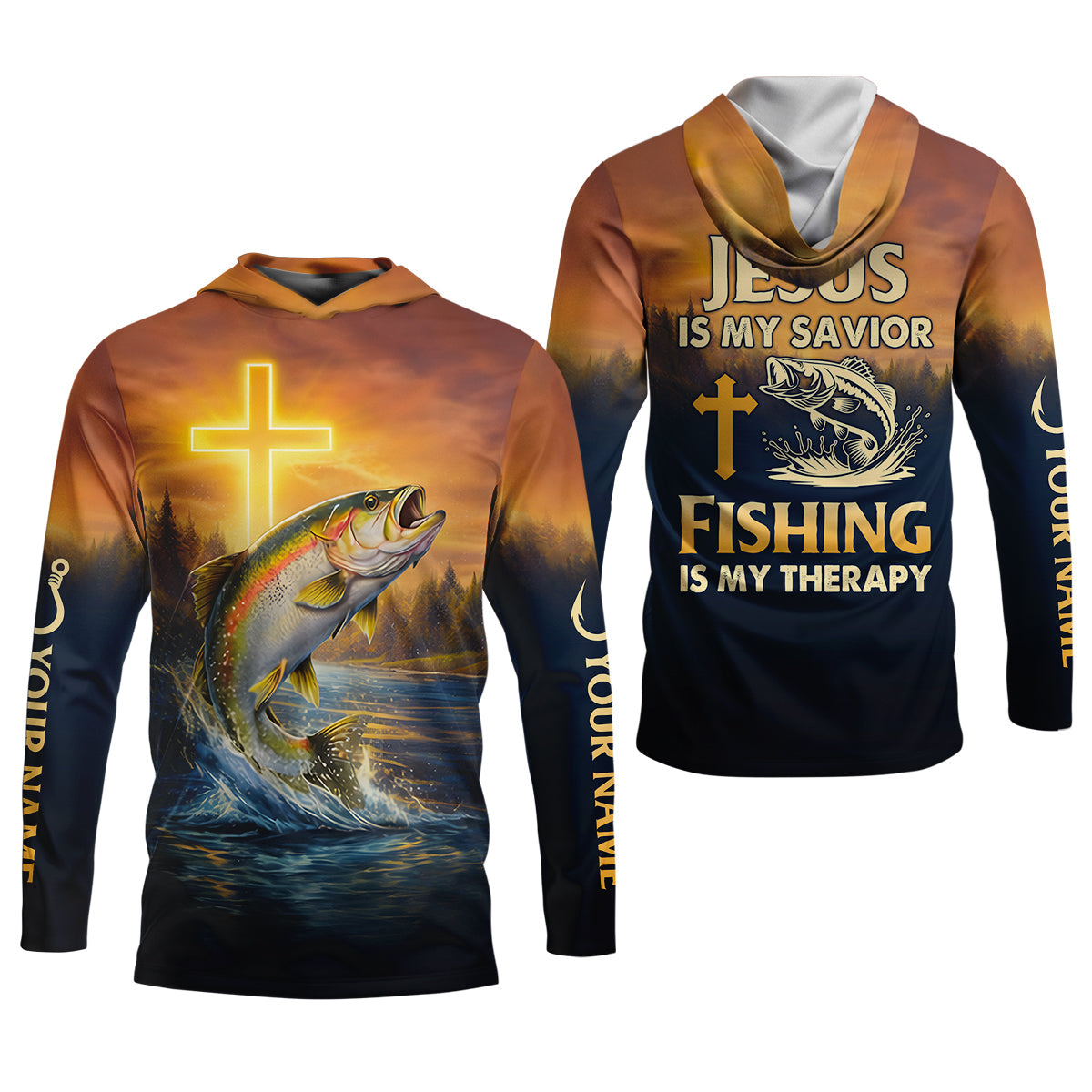 Jesus Is My Savior Fishing Is My Therapy Shirt, Custom Name Fishing Shirt, Fishing UPF Shirts, Funny Fishing Shirt