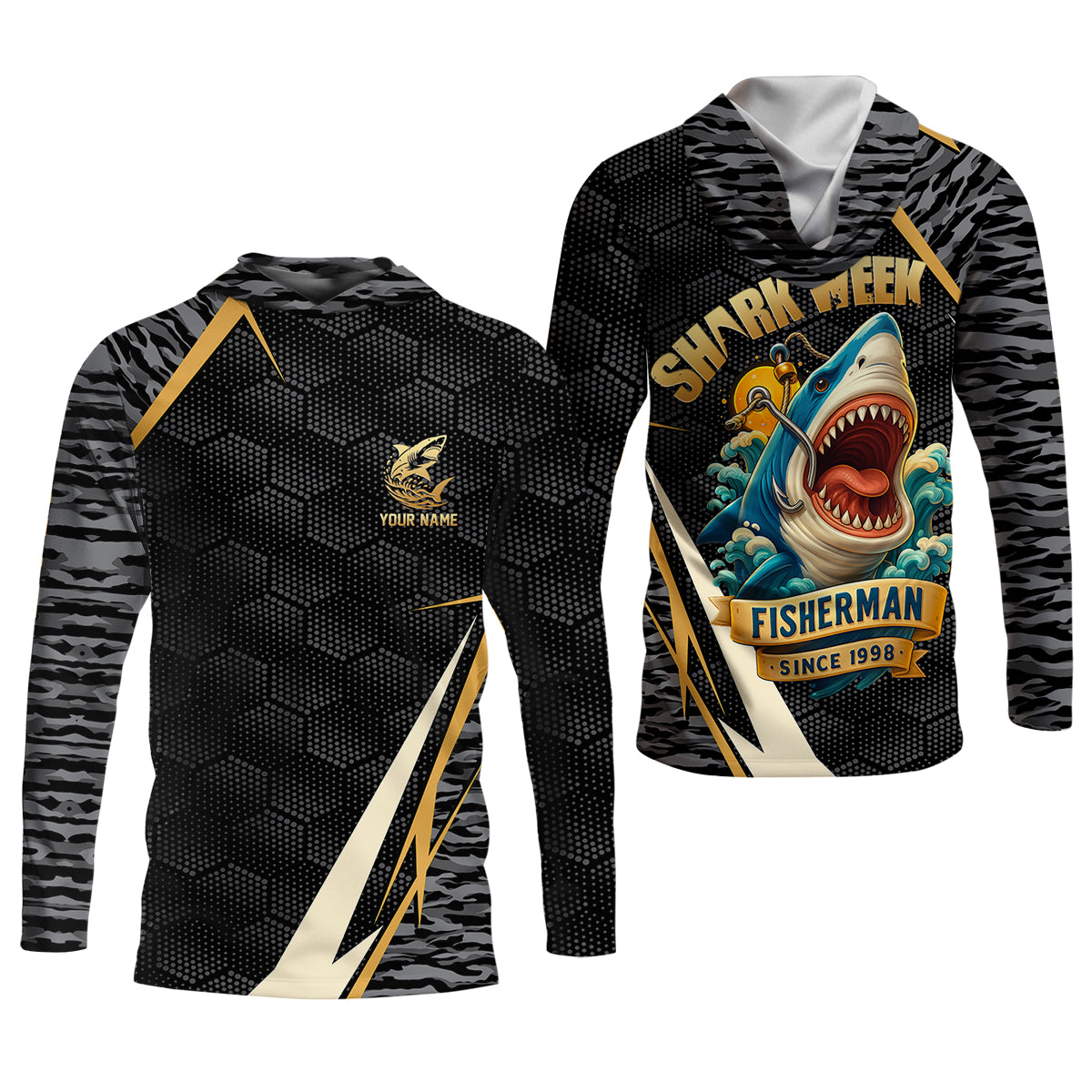Shark Fishing SPF Shirt, Shark Week Hexagon Pattern Black Fishing Shirt, Female Fishing Shirts