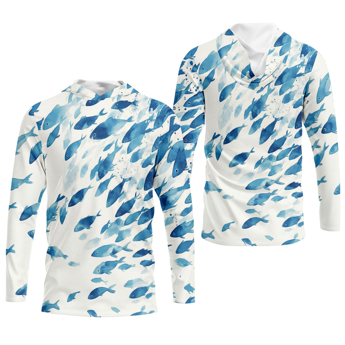 Flowing Fish White And Blue Fishing UPF Shirts, Minimal Watercolor Fishing Shirt For Women