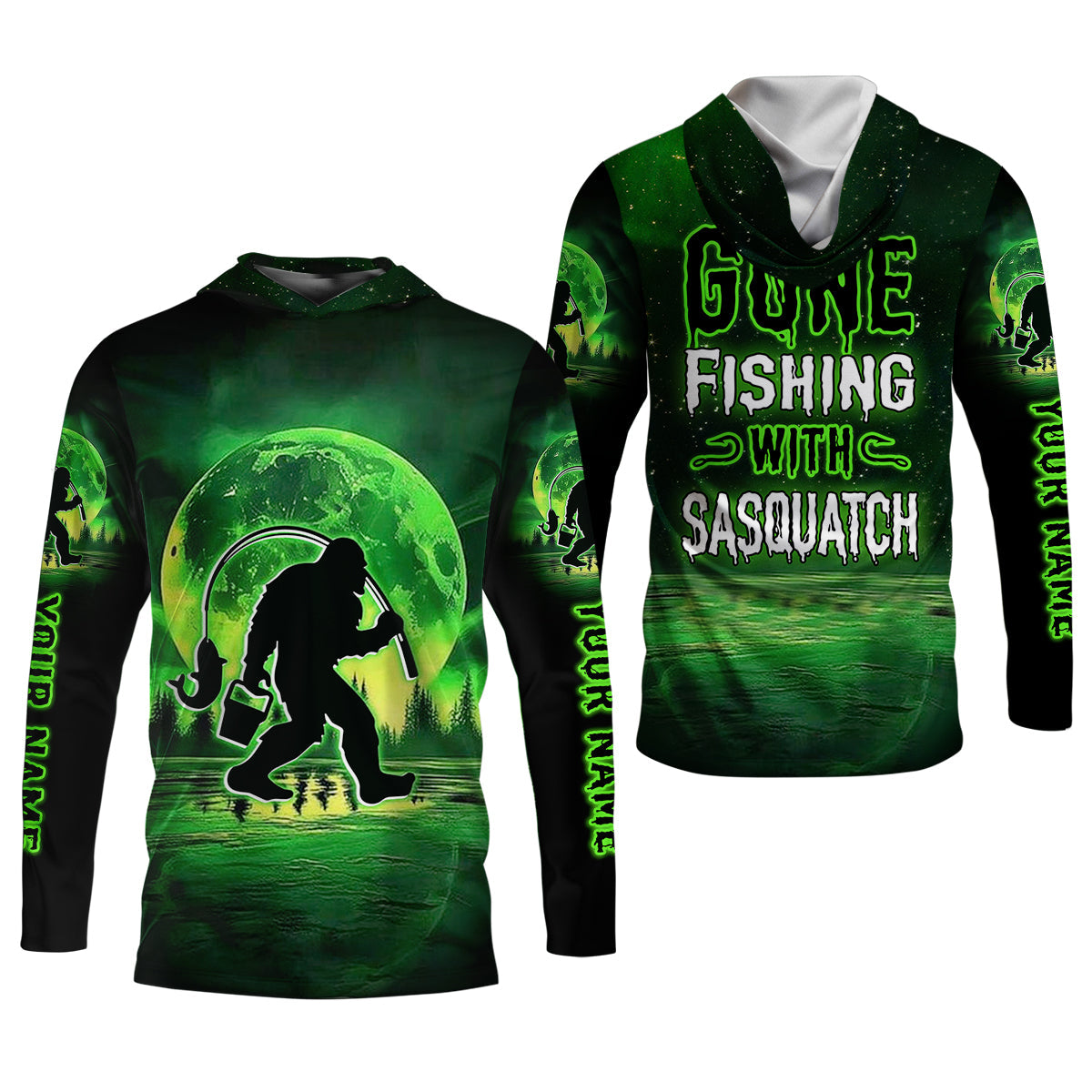 Gone Fishing With Sasquatch Neon Green Color Funny Fishing Shirt, SPF Shirt For Men, Presents For Fishermen
