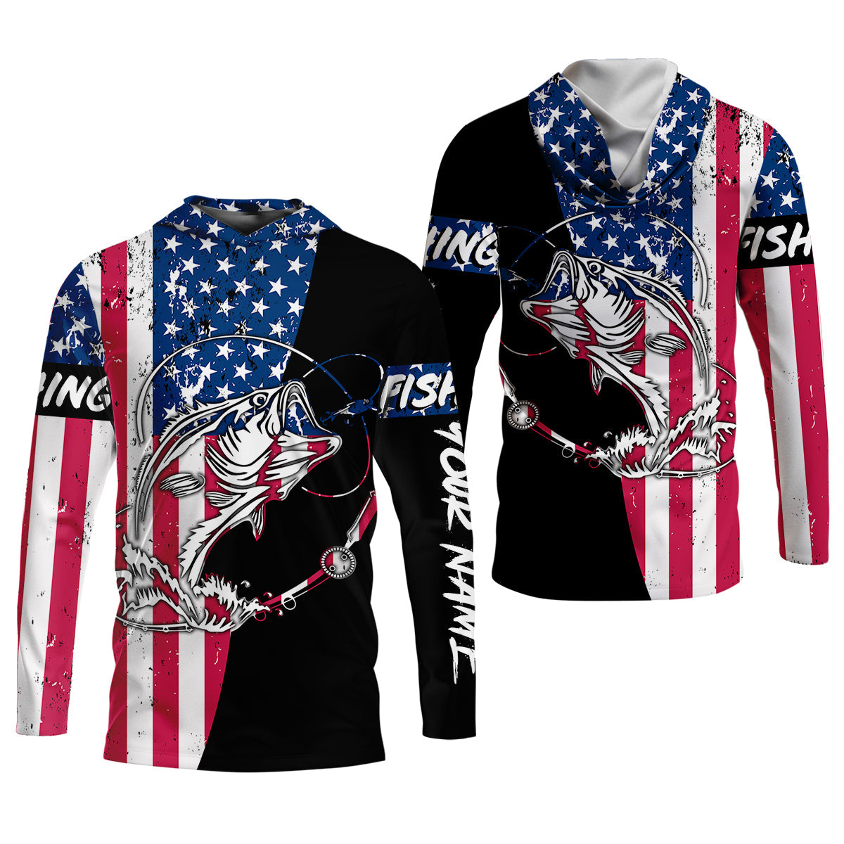 American Flag Fishing Shirt, Personalized Bass Fishing UPF Long Sleeve Shirt for Men