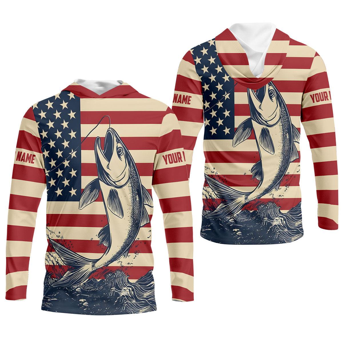 Personalized American Flag Fishing Shirt, Patriotic Bass Long Sleeve UPF For Men