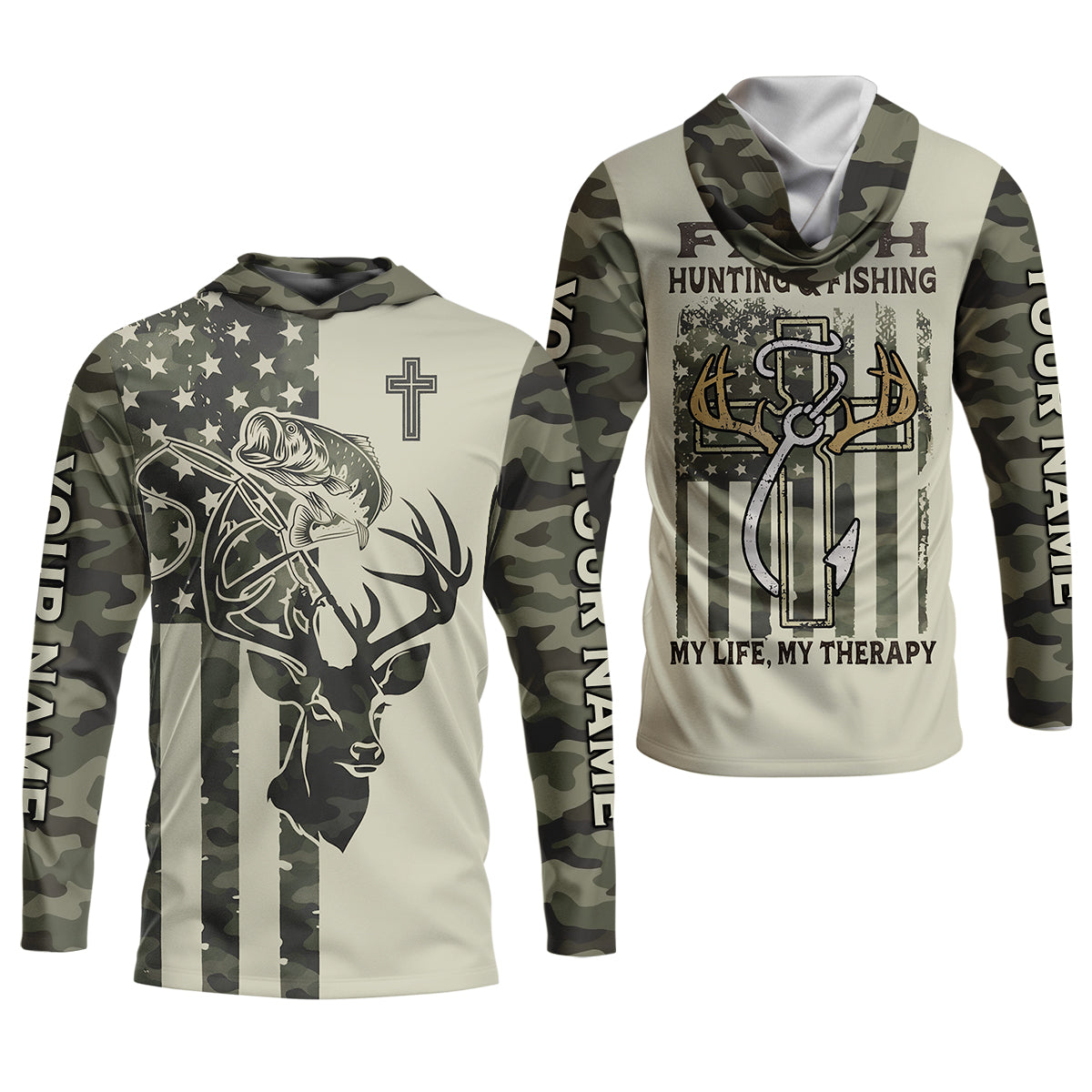 Faith Hunting Fishing Shirt, Christian Camo Deer Bass Patriotic Long Sleeve, Fishing UPF Shirts