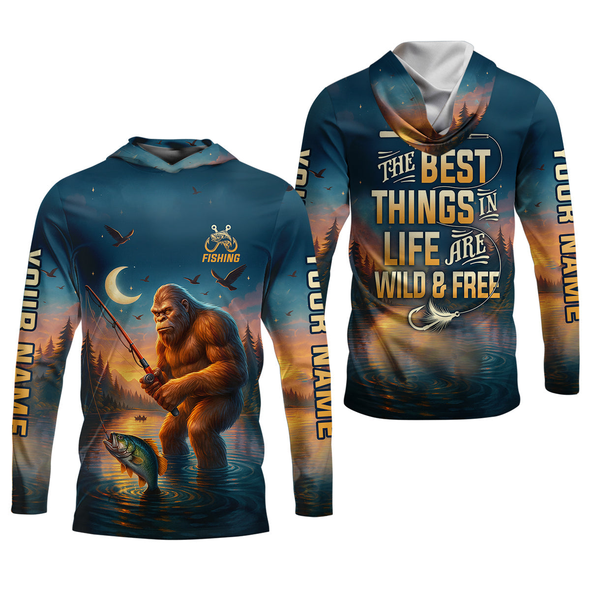 The Best Things In Life Are Wild And Free Funny Bigfoot Fishing Women SPF Shirt, Fishing Shirt For Women