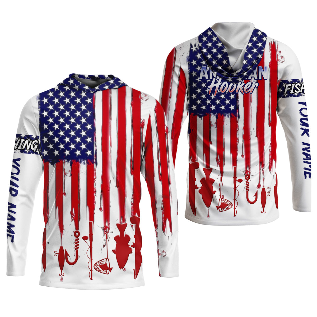 American Hooker Hooded UPF Shirt, American Flag Fish Shirt, Long Sleeve Fishing Shirts, Mens Casual Shirts