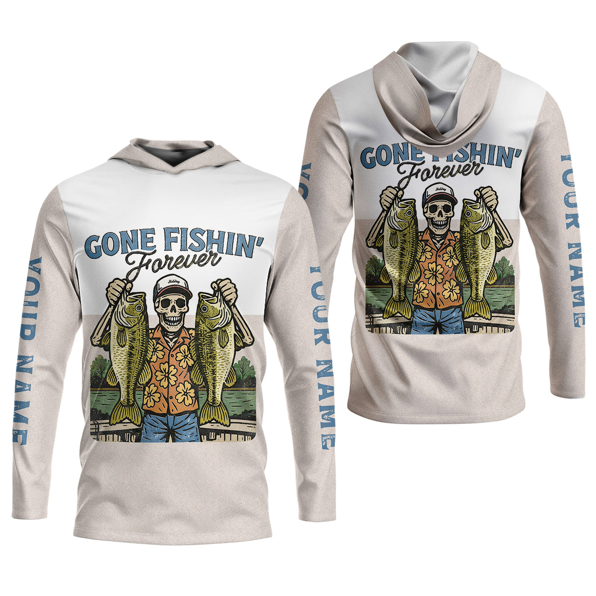 Gone Fishing Forever Funny Skeleton Largemouth Bass Fishing UPF Shirts, Fishing Shirts For Men