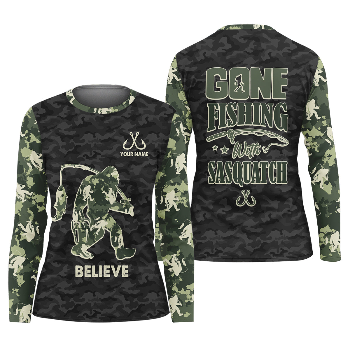 Gone Fishing With Sasquatch Camo Fishing Shirt, Fishing UPF Shirts, Fishing Shirt For Women