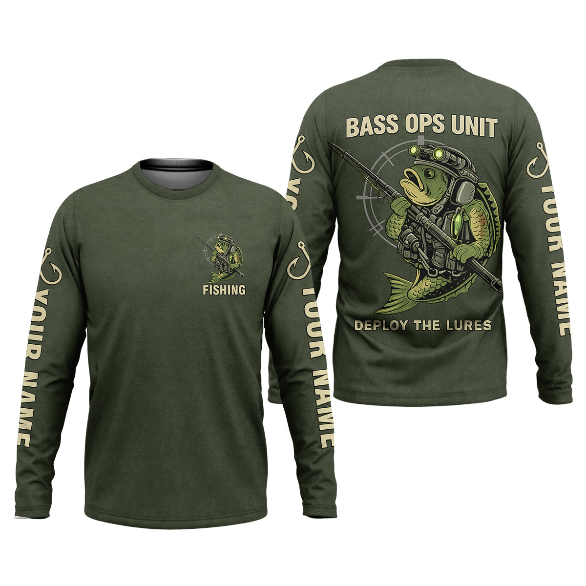 Bass Fishing Shirt, Personalized Military Fishing Long Sleeve Shirt, Funny Fishing Shirts For Men
