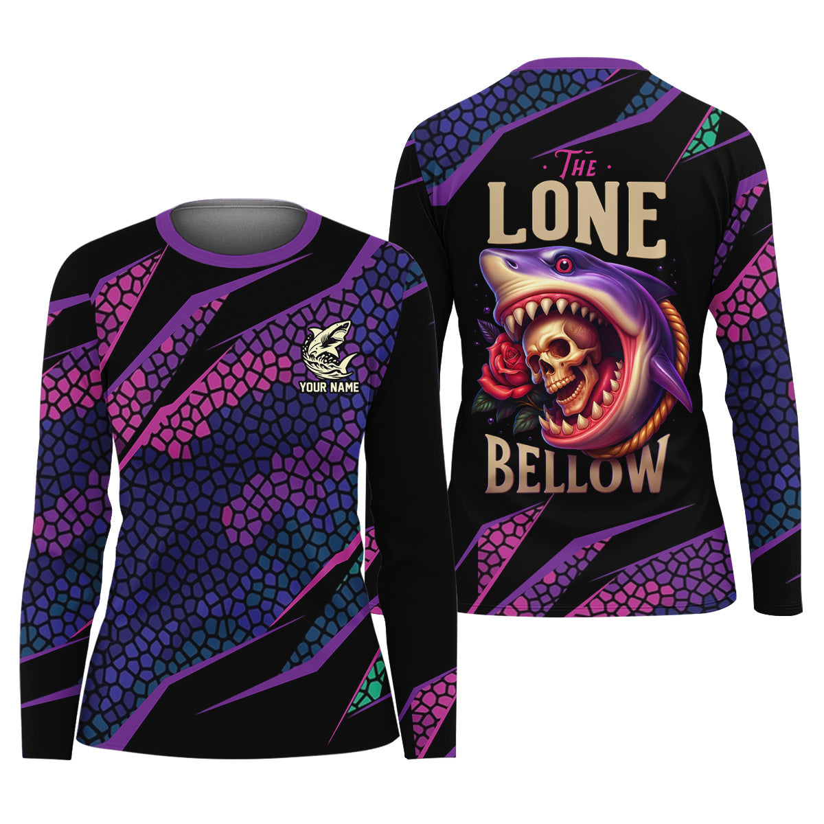 Shark Fishing SPF Shirt, The Lone Below Shark And Skull Purple Fishing Shirt, Female Fishing Shirts