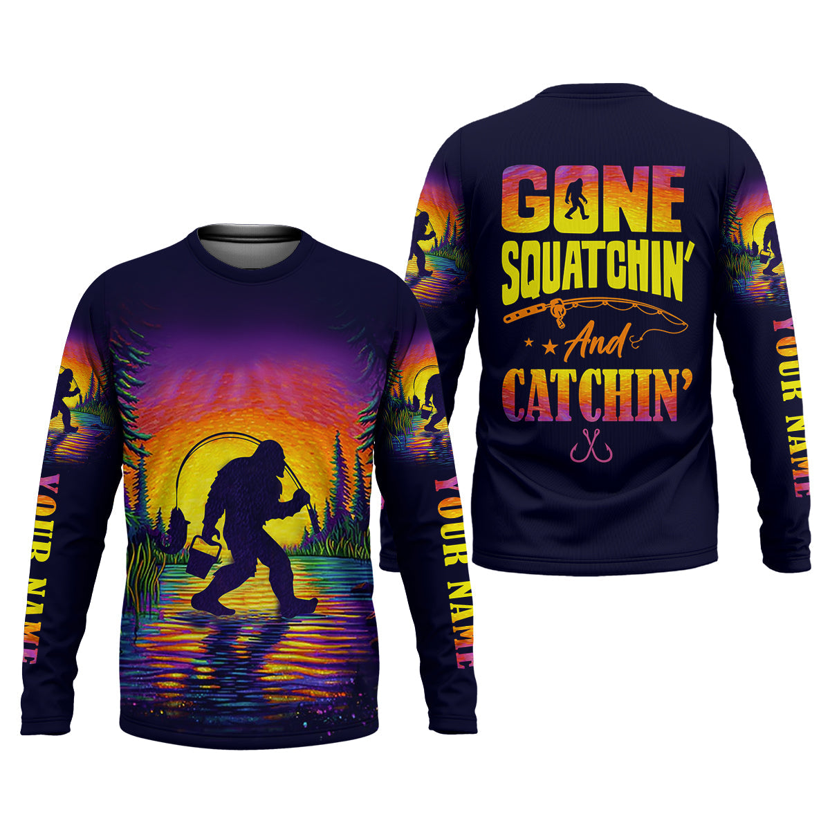 Gone Squatchin And Catching Sunset Fishing UPF Shirts, Funny Fishing Shirt, Sasquatch Fishing Shirts For Men