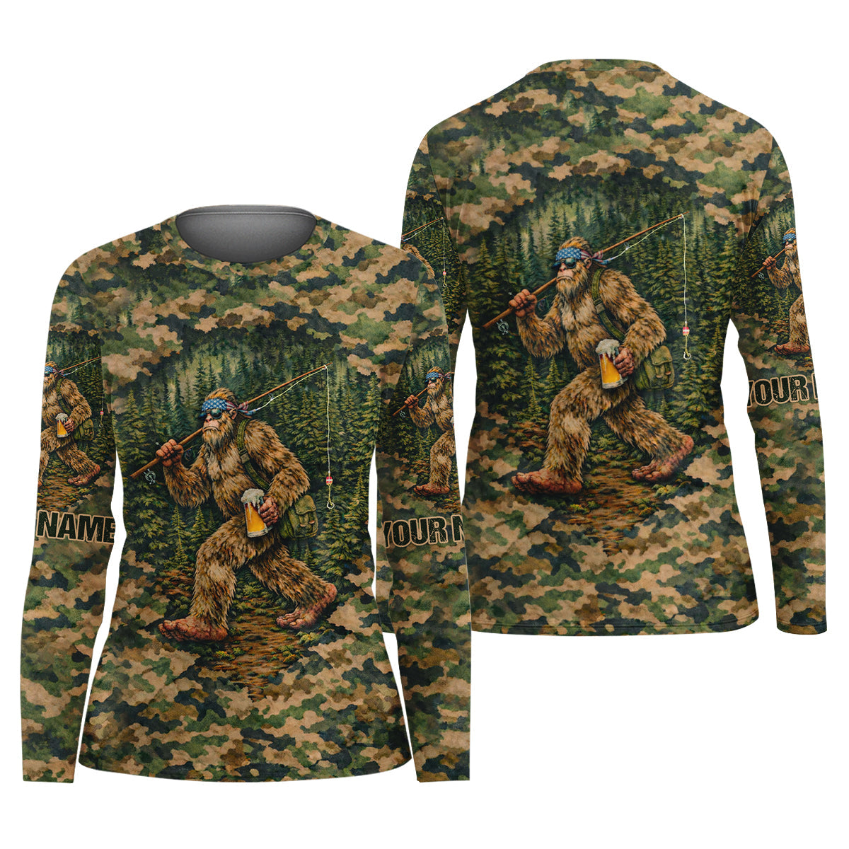 Bigfoot Fishing And Beer Earth Green Camo Fishing Shirt, Fishing UPF Shirts, Women Fishing Shirt