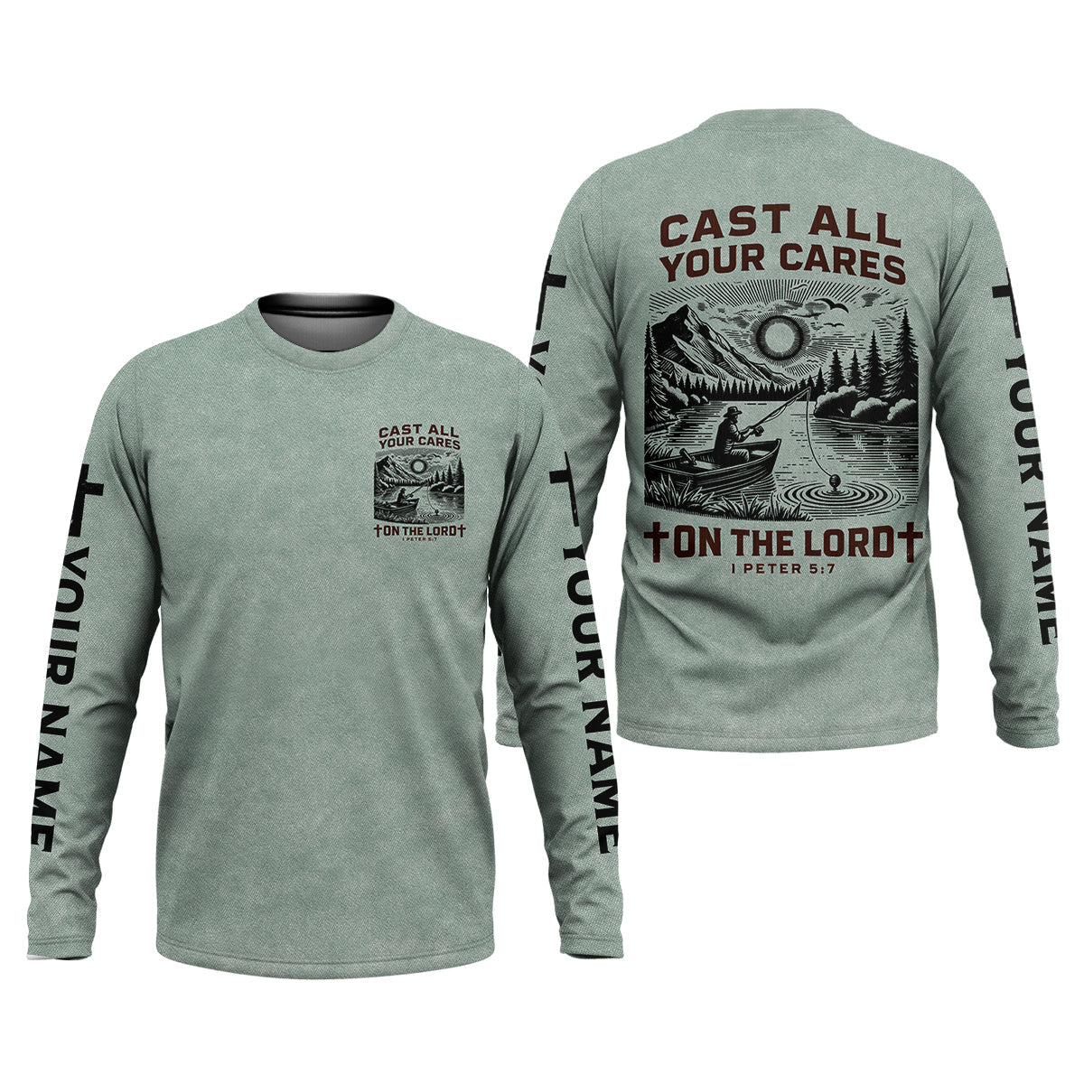 Cast All Your Cares On The Lord Faith Cross Fishing UPF Shirts, Christian Fishing Shirts For Men