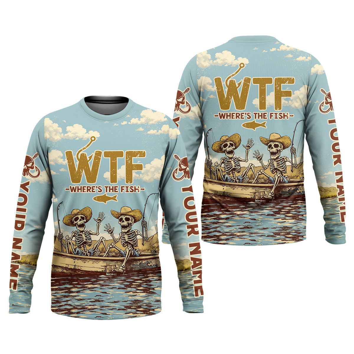 Personalized WTF Where’s The Fish Fishing Shirt, Funny Skeleton Fishermen Boat, Custom Name