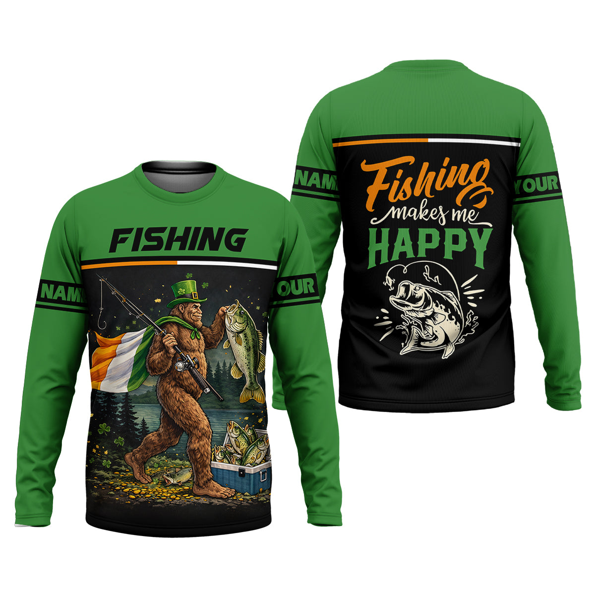 Fishing Makes Me Happy Shirt, Personalized Bigfoot St. Patrick’s Day Fishing Long Sleeve For Men