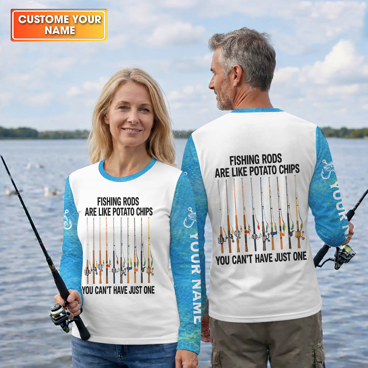 Fishing Rods Are Like Potato Chips Blue And White Funny Fishing Shirt, Fishing UPF Shirts, Fishing Shirts For Men