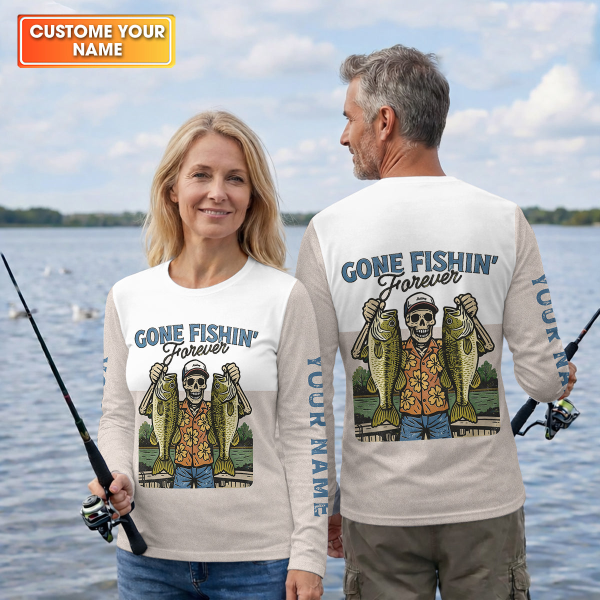 Gone Fishing Forever Funny Skeleton Largemouth Bass Fishing UPF Shirts, Fishing Shirts For Men