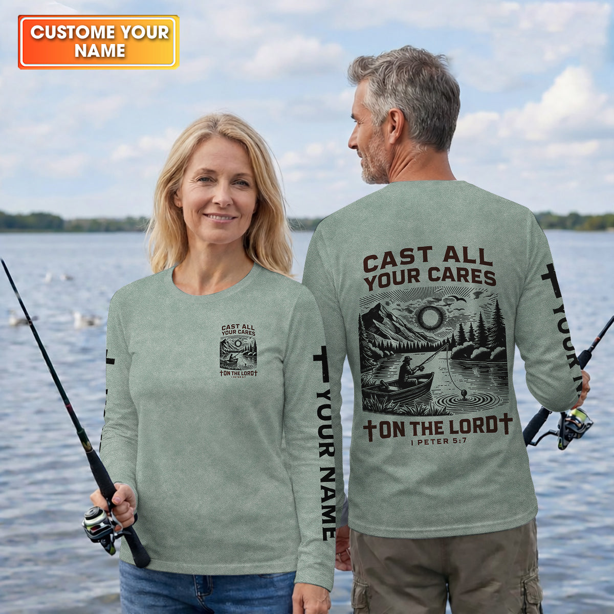 Cast All Your Cares On The Lord Faith Cross Fishing UPF Shirts, Christian Fishing Shirt For Women
