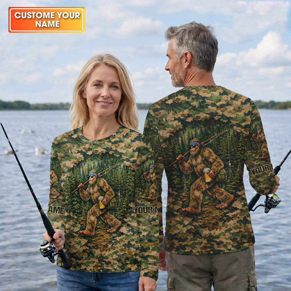 Bigfoot Fishing And Beer Earth Green Camo Fishing Shirt, Fishing UPF Shirts, Fishing Shirts For Men
