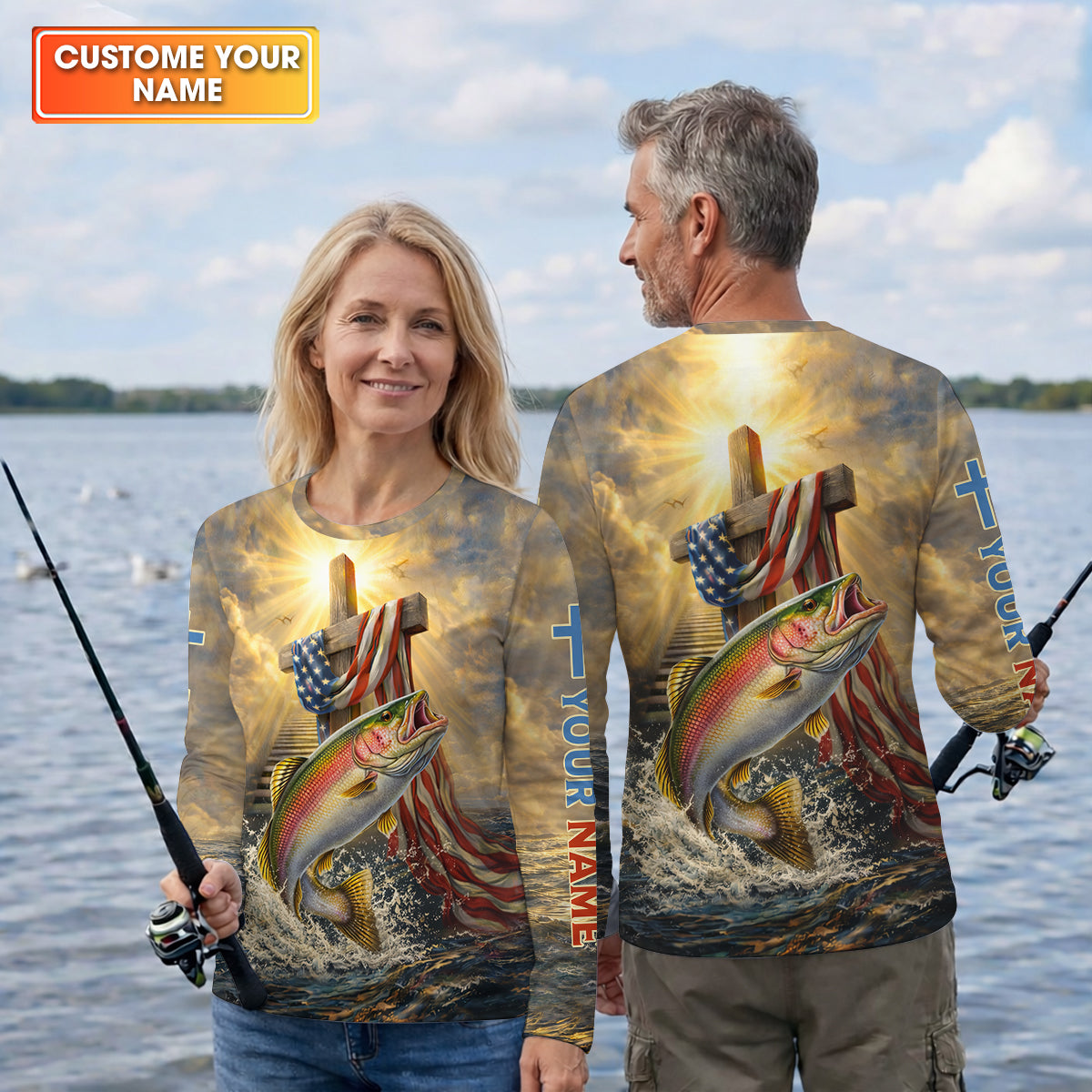 Faith Cross Patriotic Fishing Shirt, Fishing UPF Shirts, 250th Anniversary Fishing Shirt For Women