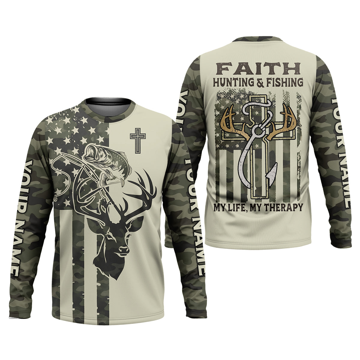 Faith Hunting Fishing Shirt, Christian Camo Deer Bass Patriotic Long Sleeve, Fishing UPF Shirts