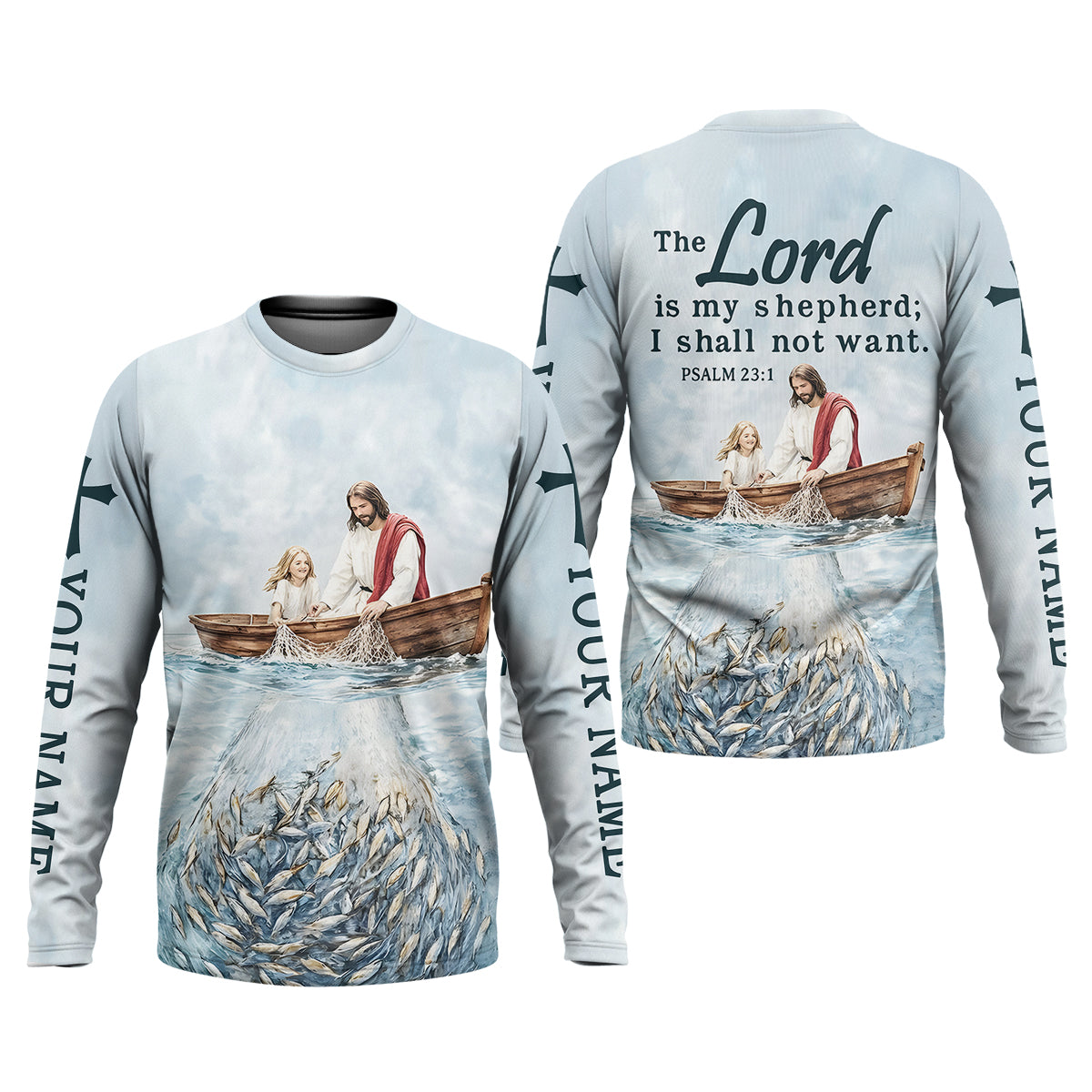 Jesus Catching Fish Bible Verse, Personalized Long Sleeve Shirt, Psalm 23 The Lord Is My Shepherd, Religious Gift for Men