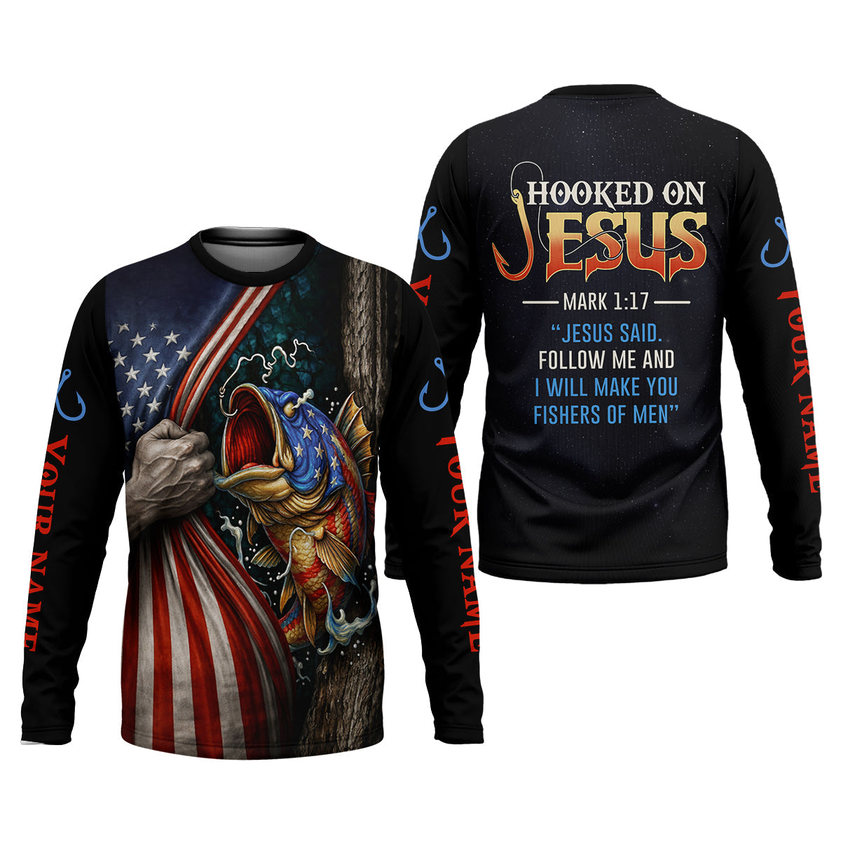 Hooked On Jesus Shirt, Personalized Christian Fishing Shirt, Mark 1:17 Fisher Of Men, Fishing UPF Shirts