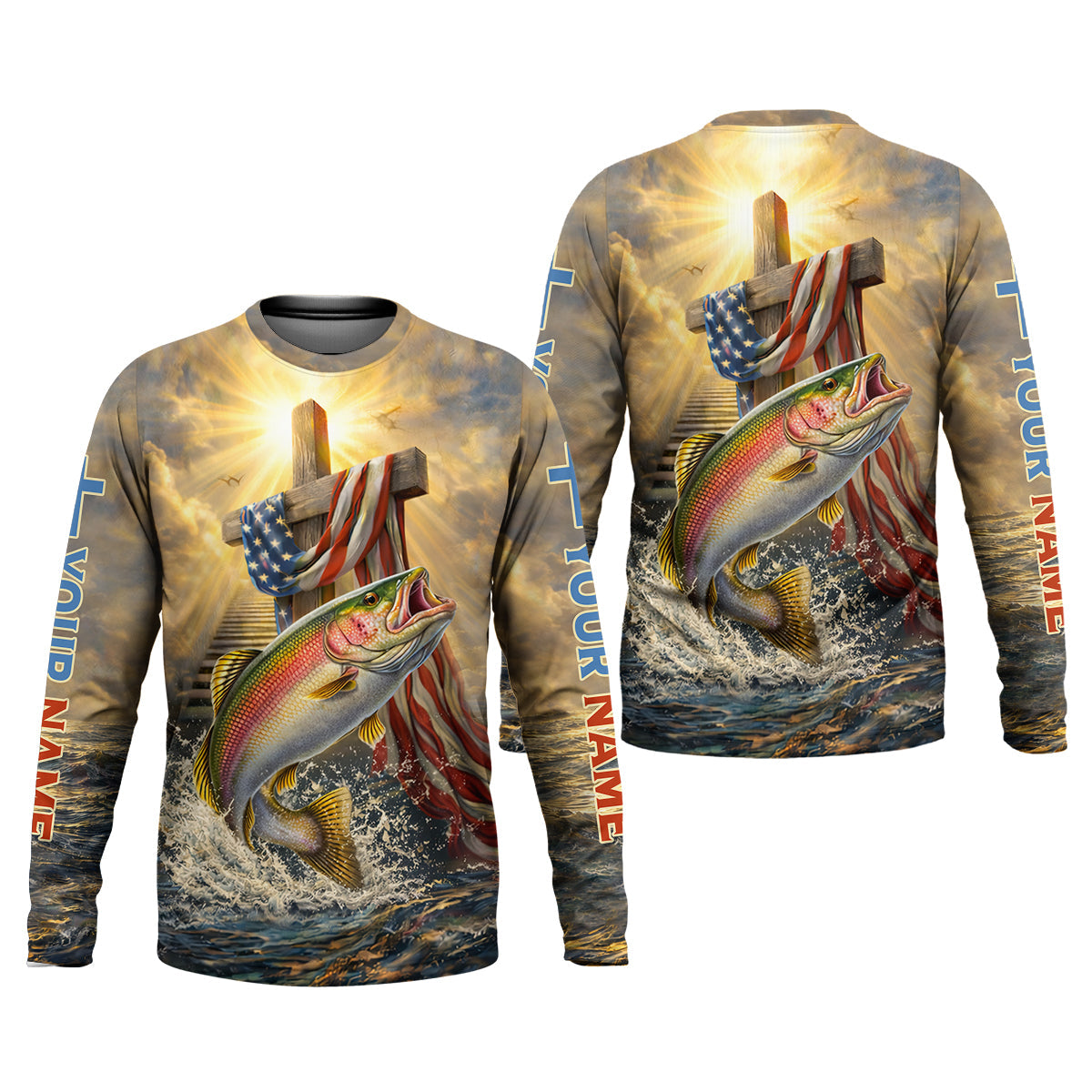 Faith Cross Patriotic Fishing Shirt, Fishing UPF Shirts, 250th Anniversary Fishing Shirts For Men