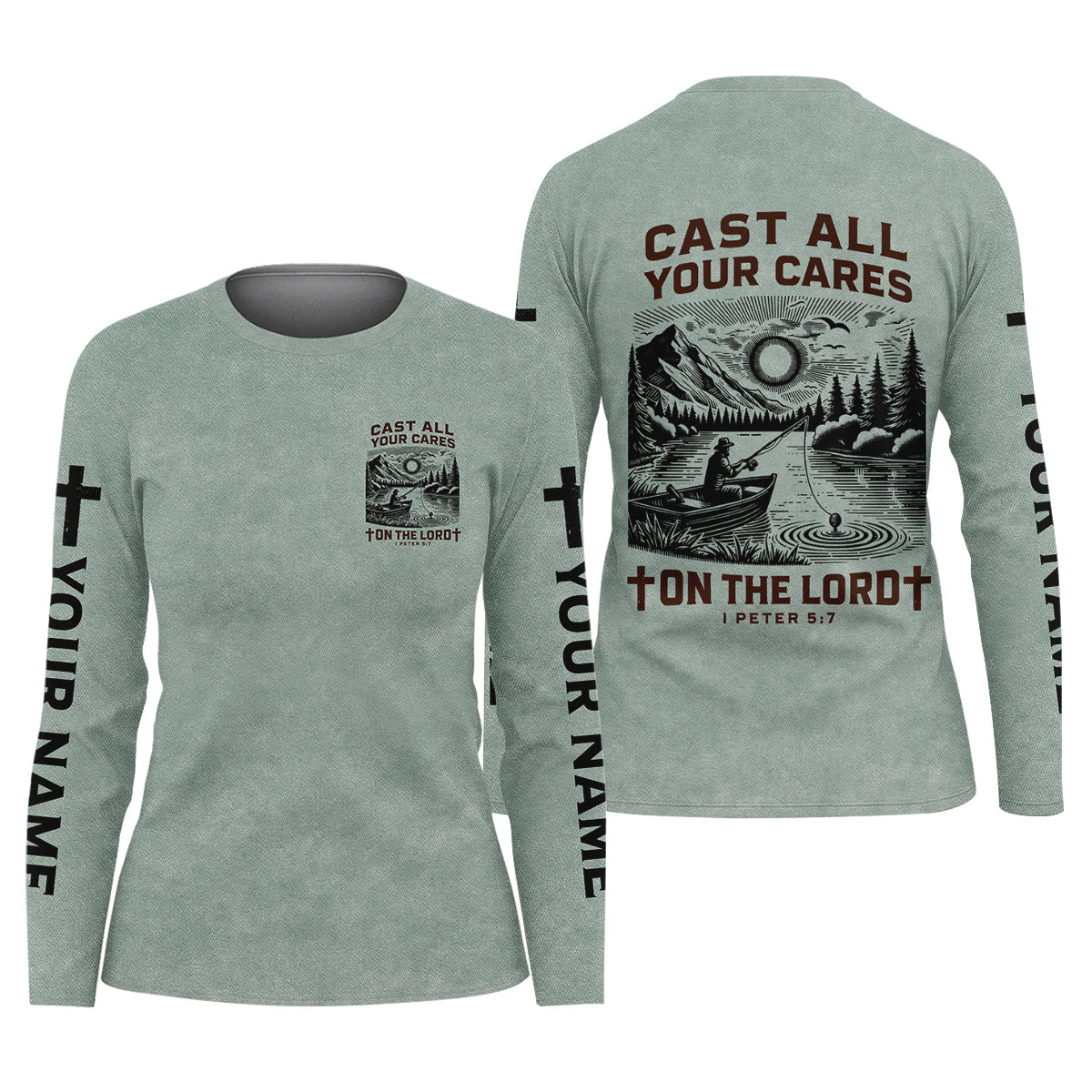 Cast All Your Cares On The Lord Faith Cross Fishing UPF Shirts, Christian Fishing Shirt For Women