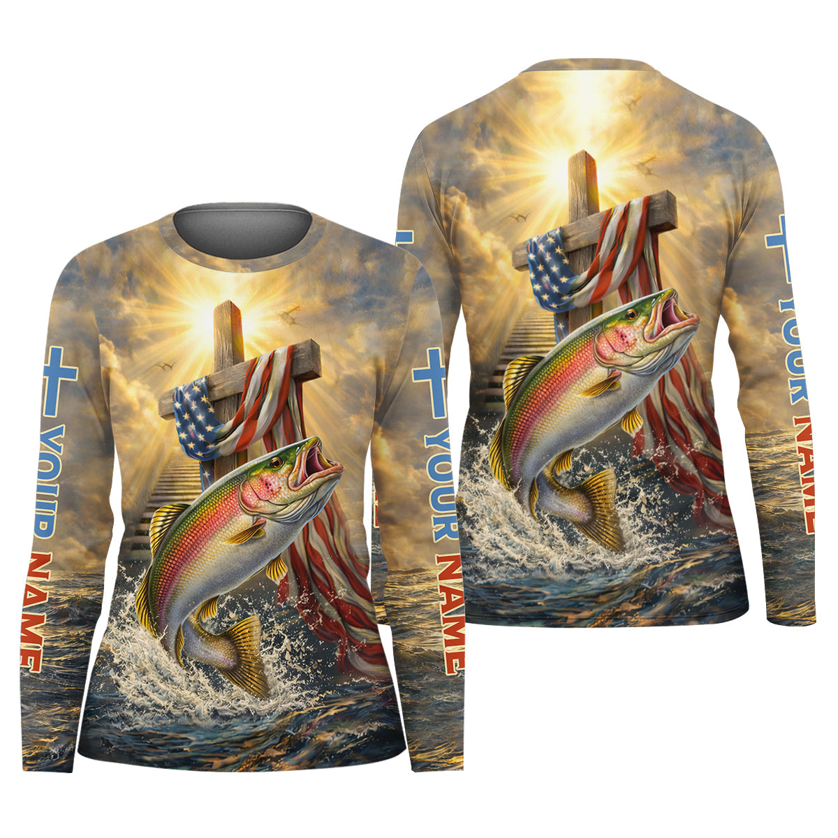 Faith Cross Patriotic Fishing Shirt, Fishing UPF Shirts, 250th Anniversary Fishing Shirt For Women