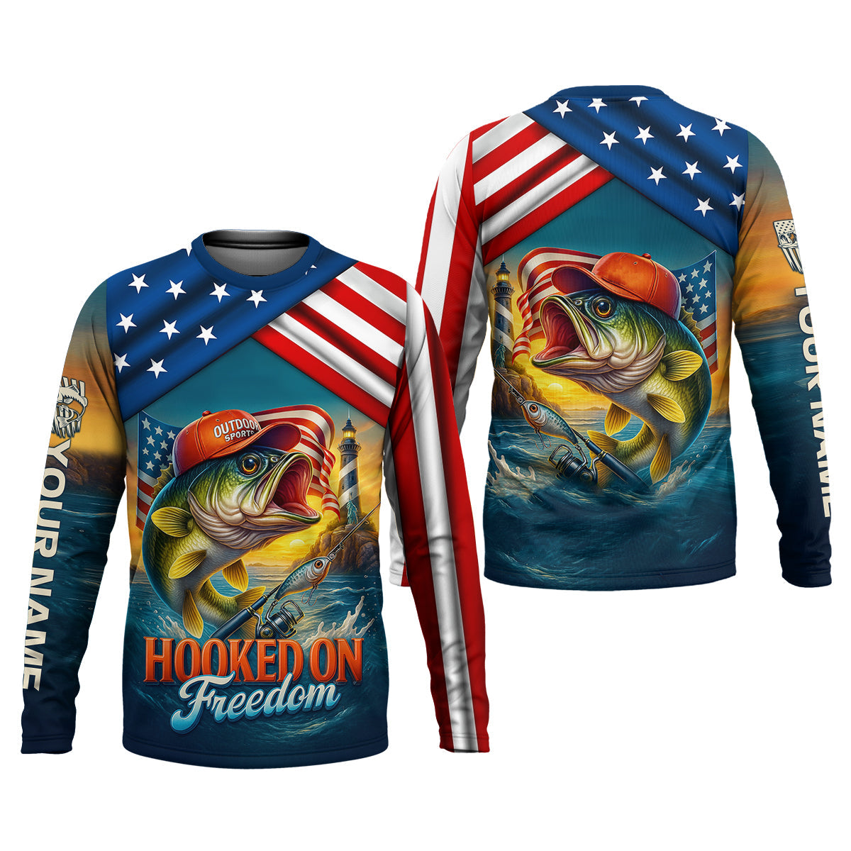 Hooked On Freedom Patriotic Fishing Shirt, Largemouth Bass Fishing SPF Shirt For Men, Men's Fishing Shirt