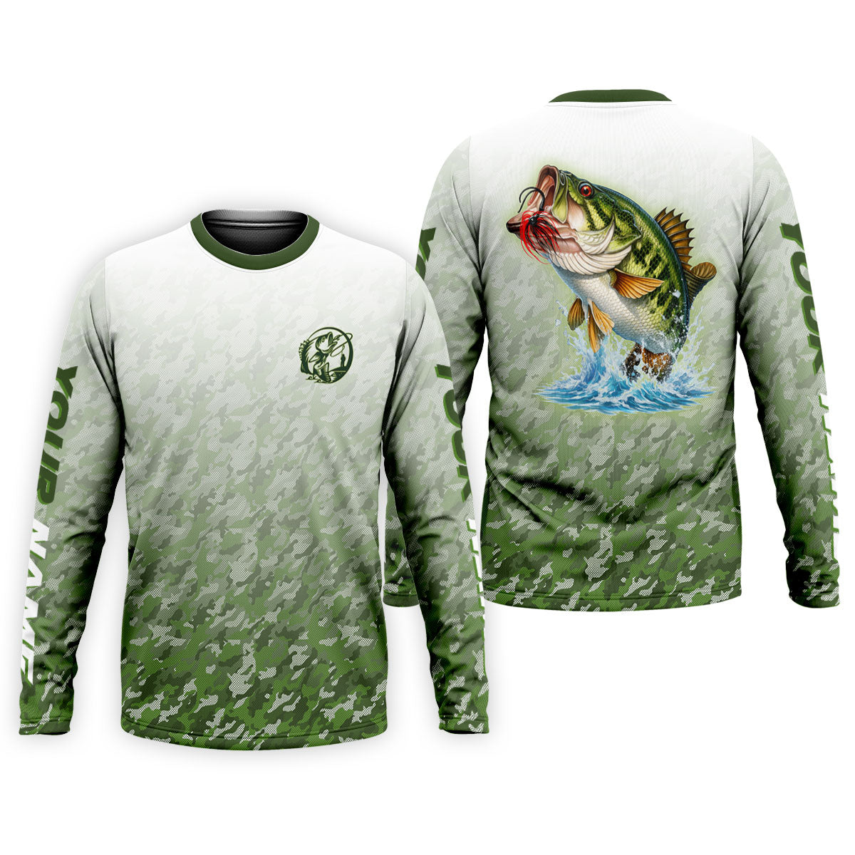 Custom Largemouth Bass Fishing Shirt for Men, Camo Green Angler Shirt, Fishing UPF Shirts