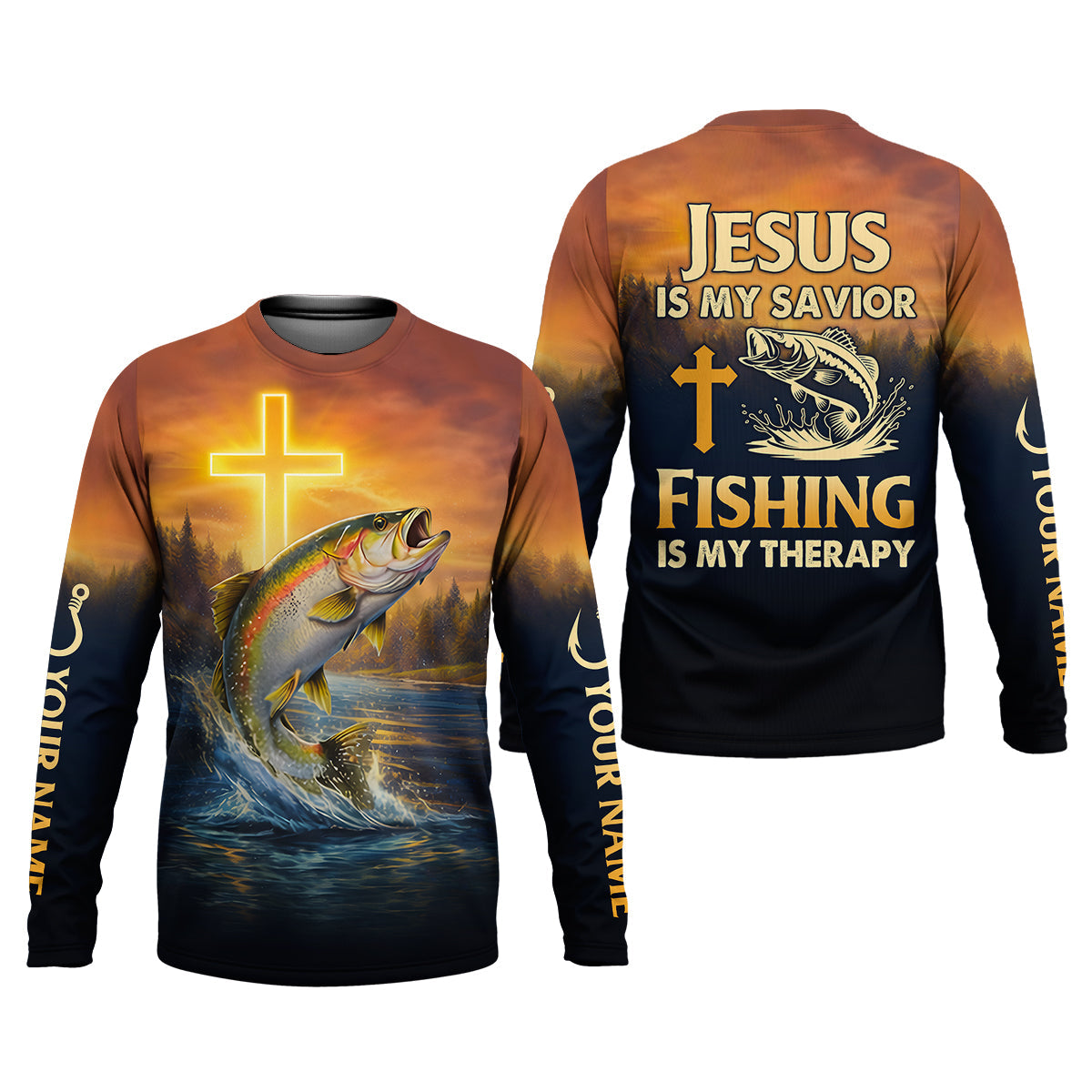 Jesus Is My Savior Fishing Is My Therapy Shirt, Custom Name Fishing Shirt, Fishing UPF Shirts, Funny Fishing Shirt