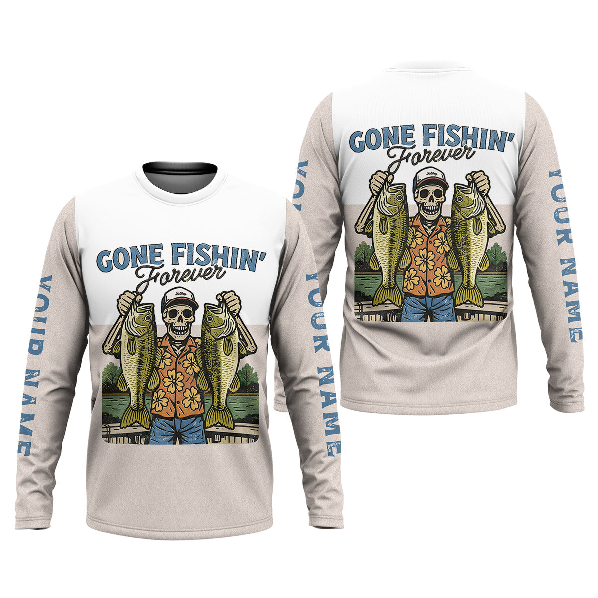 Gone Fishing Forever Funny Skeleton Largemouth Bass Fishing UPF Shirts, Fishing Shirts For Men