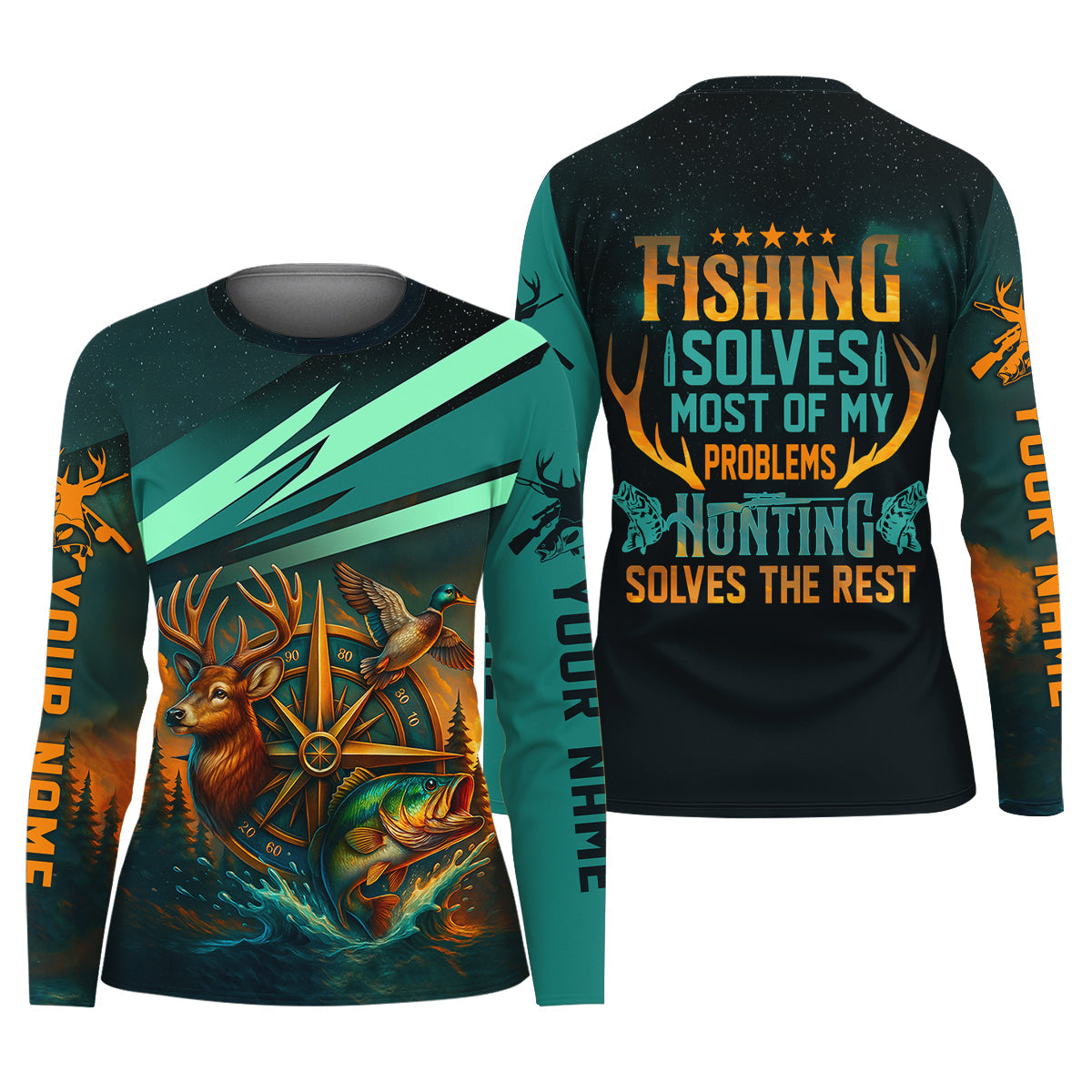 Fishing Solves Most Of My Problems Sky Star Pattern Fishing UPF Shirts, Fishing And Hunting Women SPF Shirt