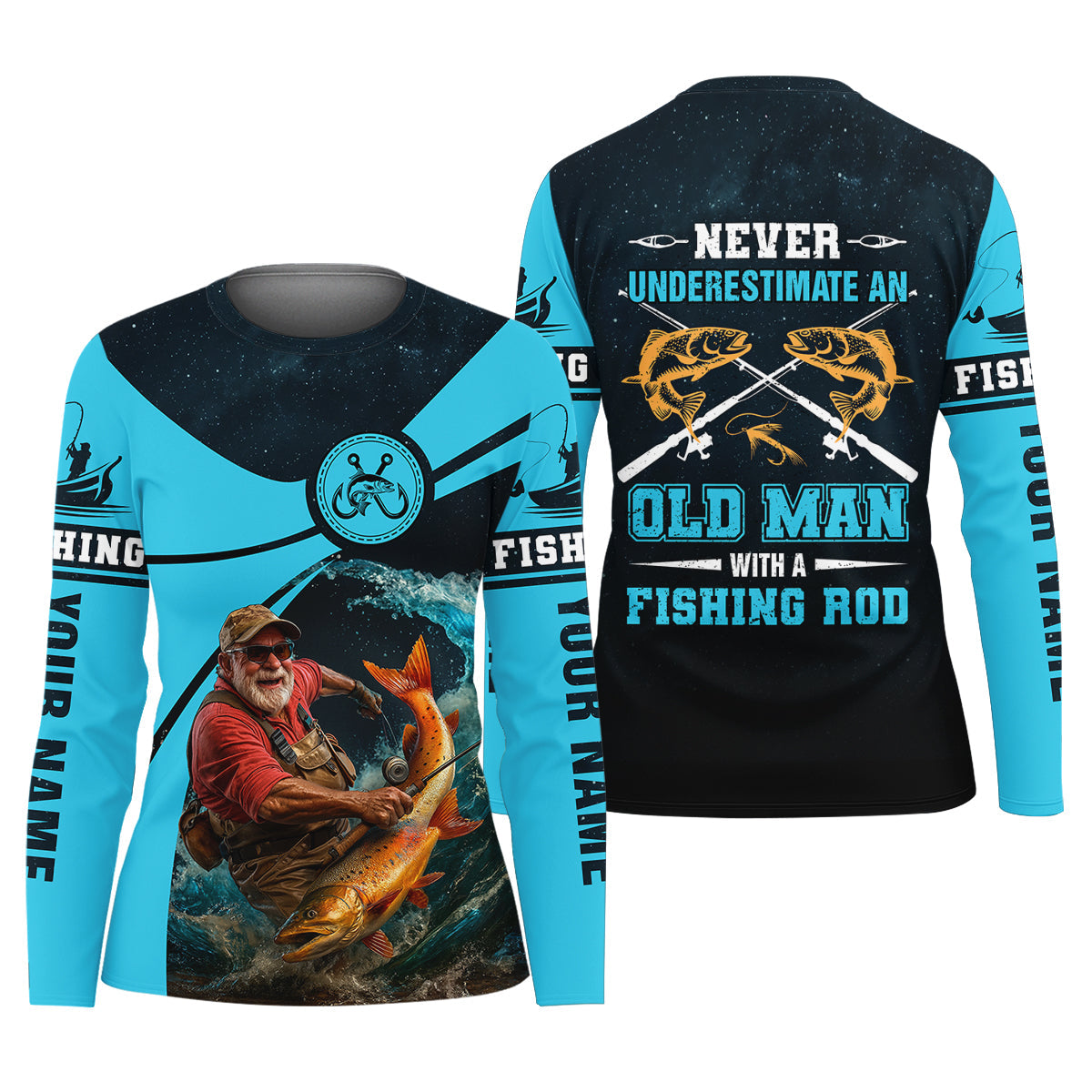 Never Underestimate An Old Man With A Fishing Rod Custom Name UPF Shirts, Women Fishing Shirt