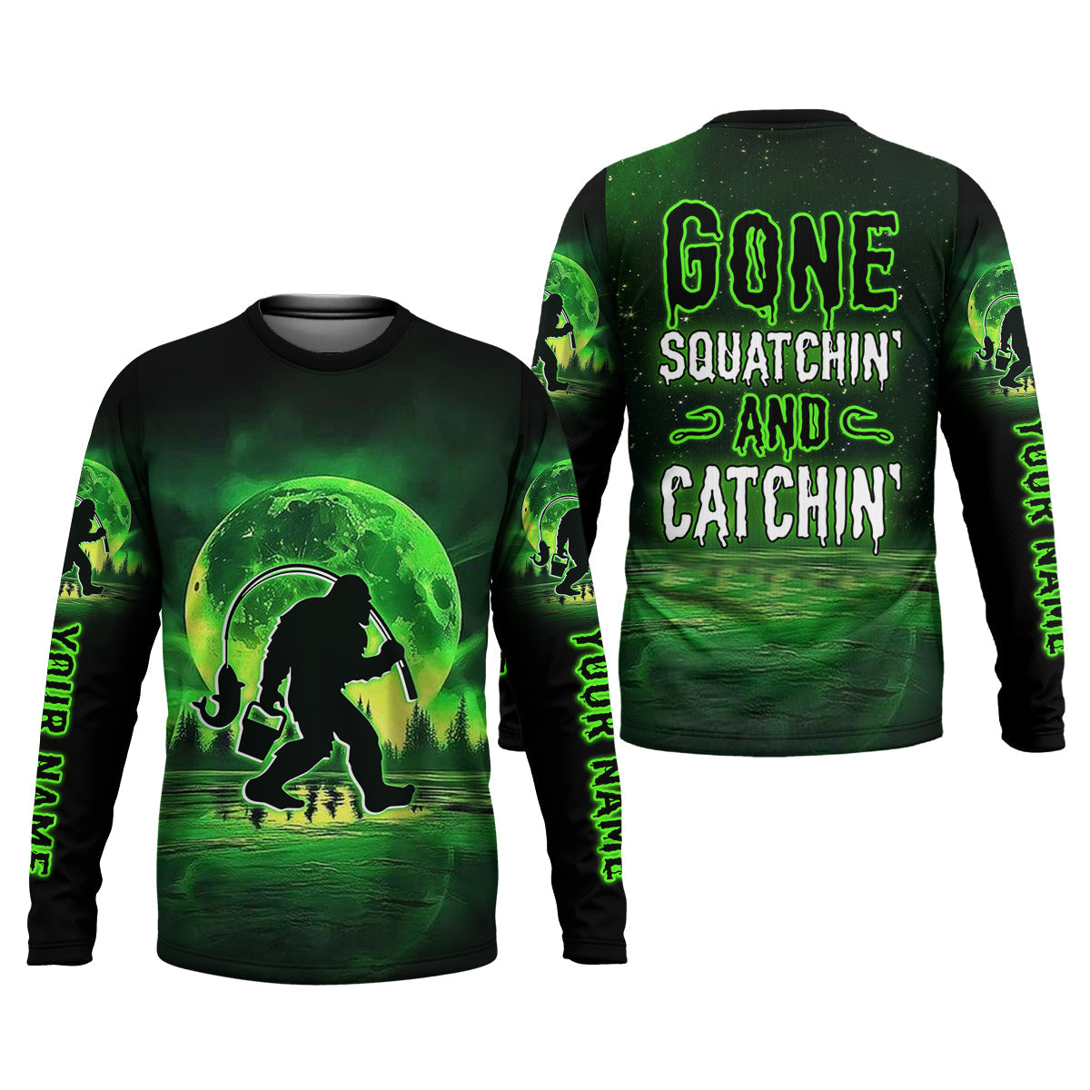 Gone Squatchin And Catchin Bigfoot Neon Green Color Funny Fishing Shirt, SPF Shirt For Men, Presents For Fishermen