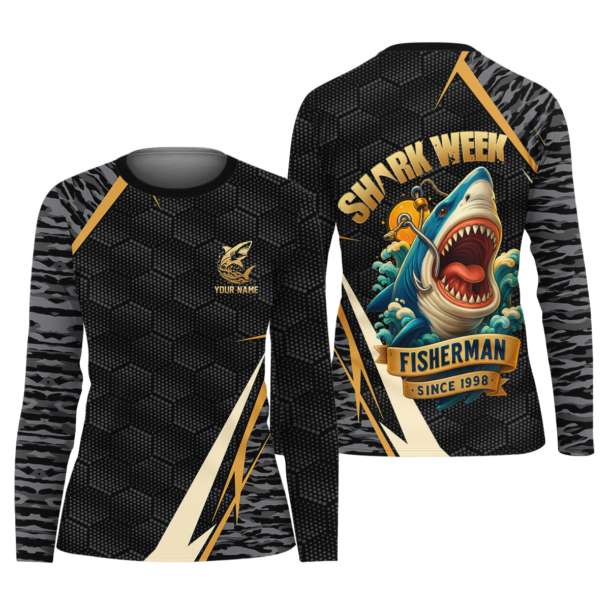 Shark Fishing SPF Shirt, Shark Week Hexagon Pattern Black Fishing Shirt, Female Fishing Shirts