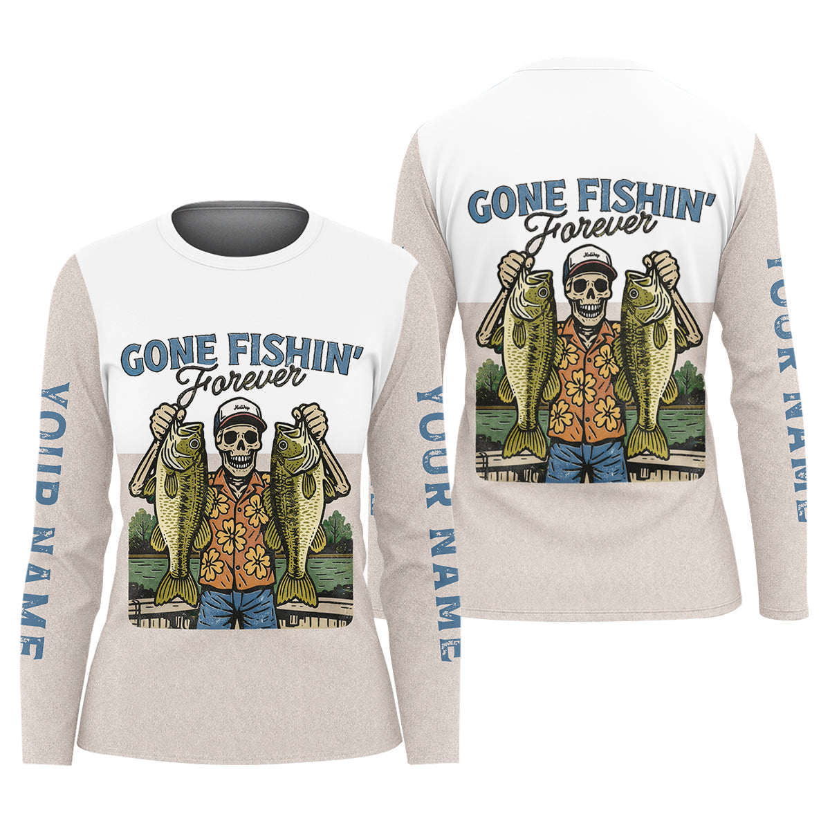 Gone Fishing Forever Funny Skeleton Largemouth Bass Fishing UPF Shirts, Fishing Shirt For Women