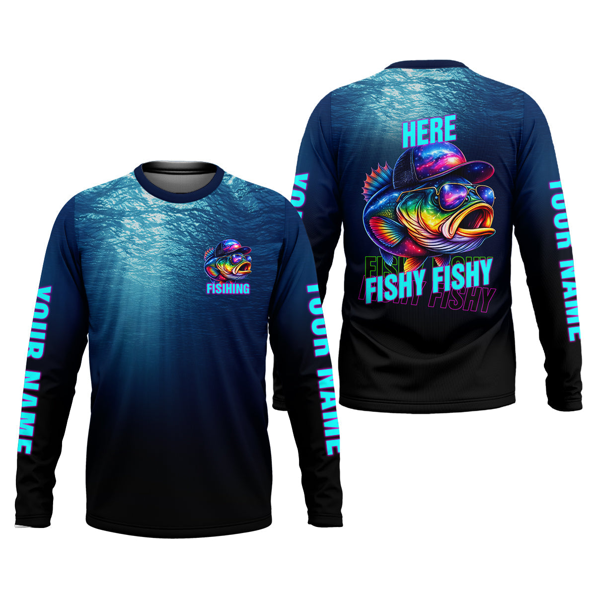 Here Fishy Fishy Fishy, Personalized Fishing Shirt, Fishing UPF Shirts, Funny Fisherman Gift