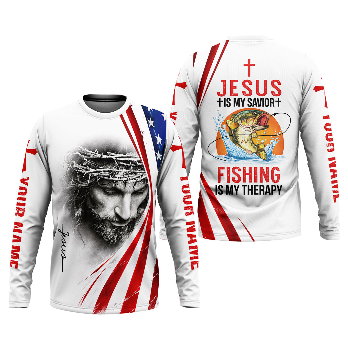 Jesus Is My Savior Fishing Is My Therapy Shirt, Personalized Christian Fishing Long Sleeve For Men