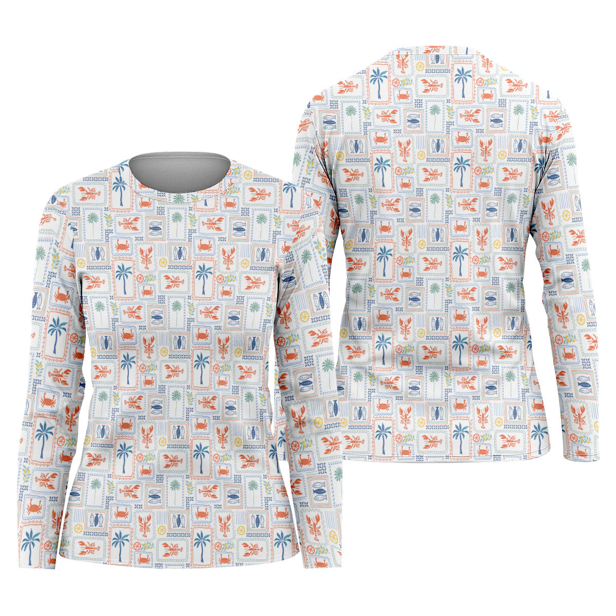 Seafood Patchwork Pattern Tropical Theme Fishing UPF Shirts, Fishing Shirt For Women