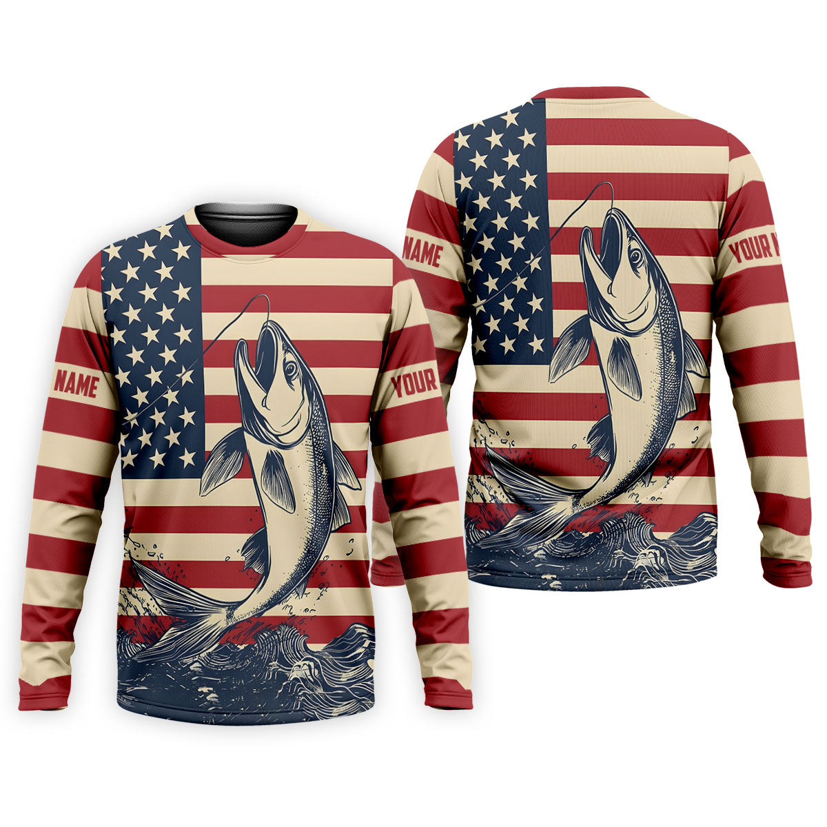 Personalized American Flag Fishing Shirt, Patriotic Bass Long Sleeve UPF For Men